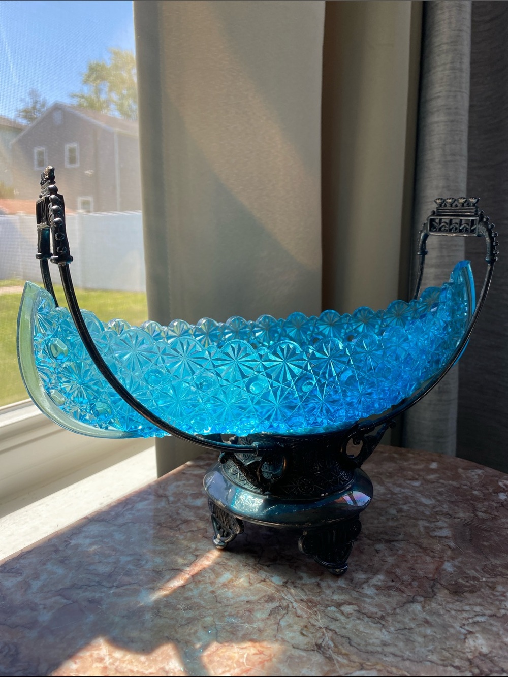 Antique Barbour Bros quadruple plate Victorian Brides Basket Aqua Blue Glass